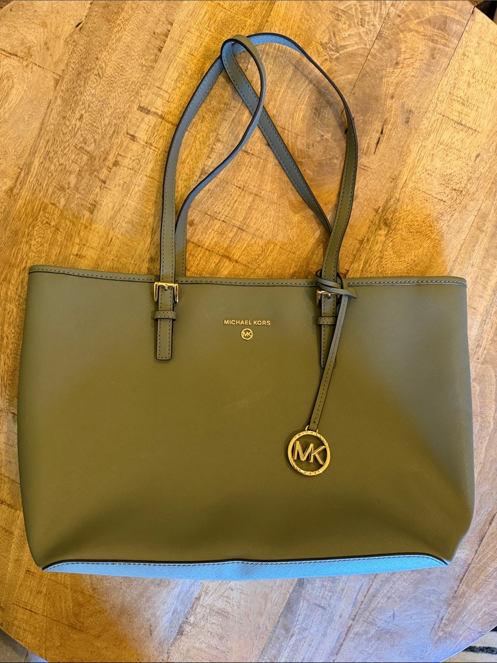 Michael Kors Olive Saffiano Tote with Gold MK Charm